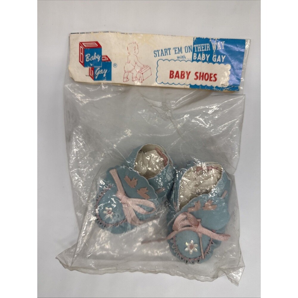 Vintage 1950s Baby Gay Baby Shoes Blue Pink Felt Booties NOS Original Package